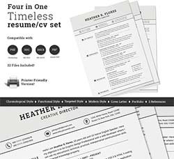 个人简历模板(INDD/DOCX/PSD)：4 in 1 Timeless Resume CV Set